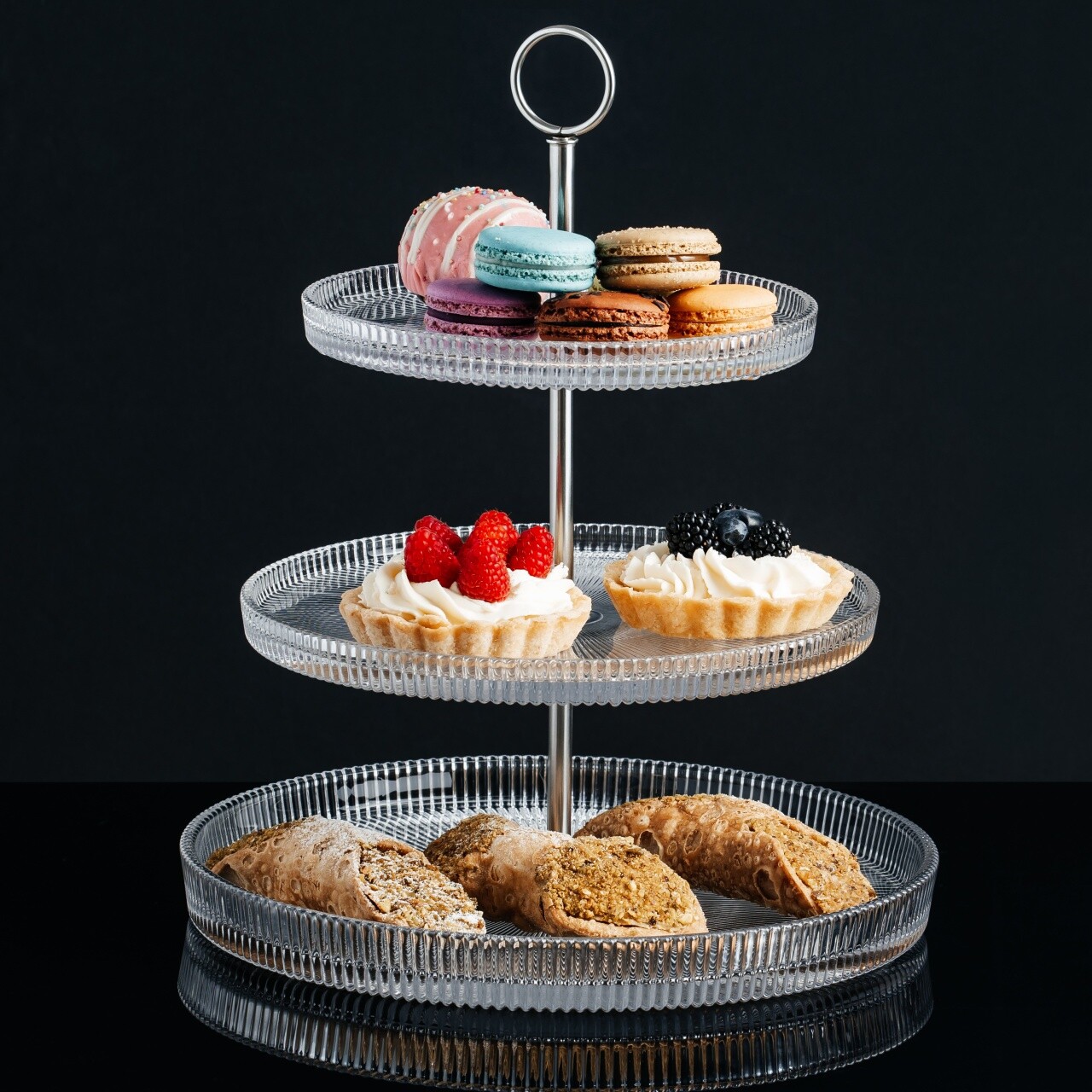 Suport prajituri cu 3 etaje Curly, Ambition, 19 cm/24 cm/29 cm, otel/sticla, argintiu/transparent - imagine 5